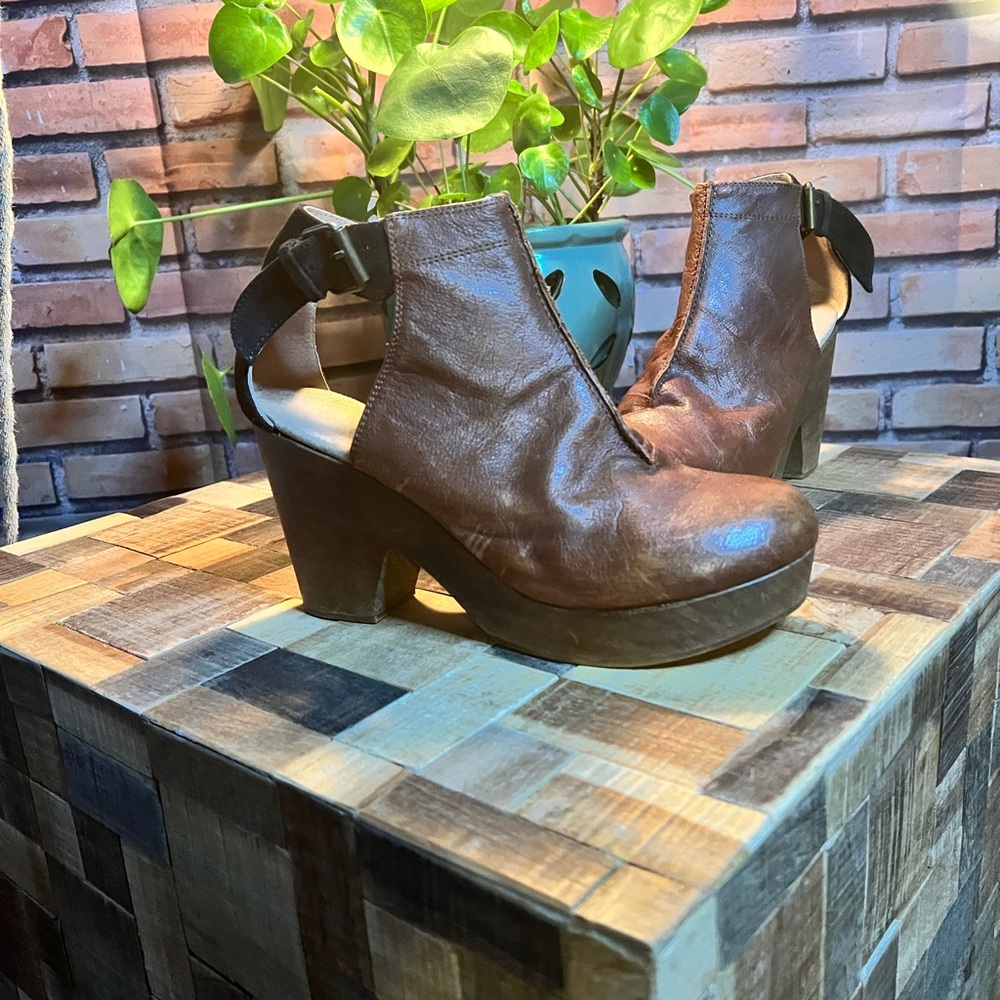 Free People Brown Leather Cutout Heel Mules
